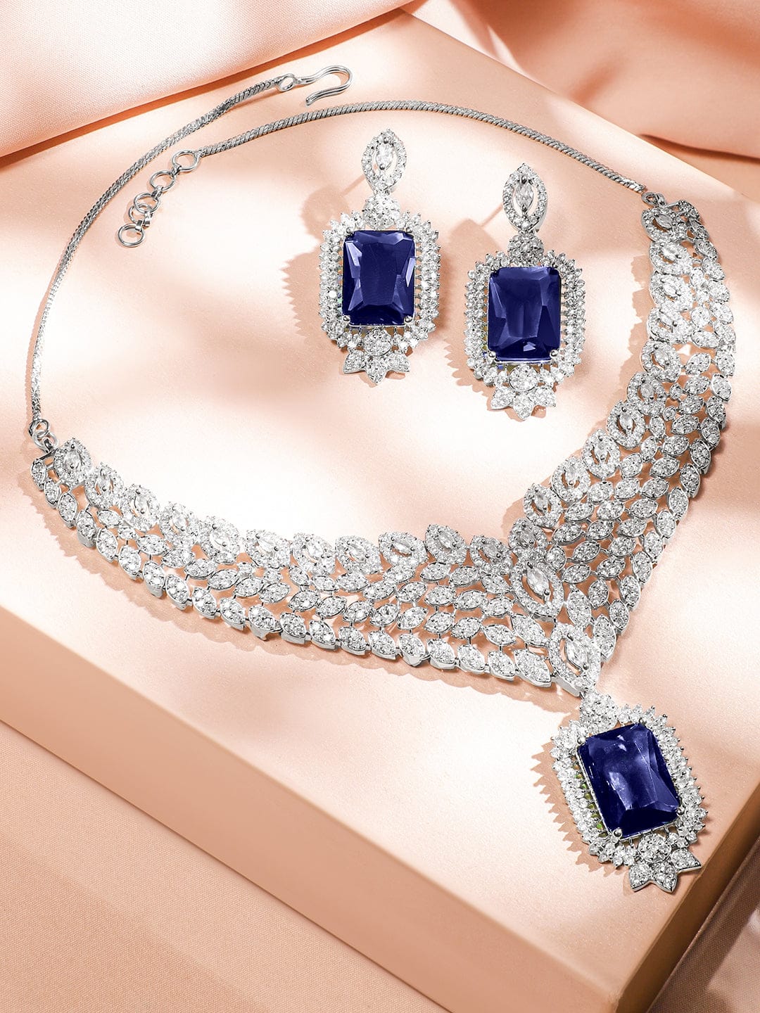Blue American Diamond Zirconia Short Necklace Set