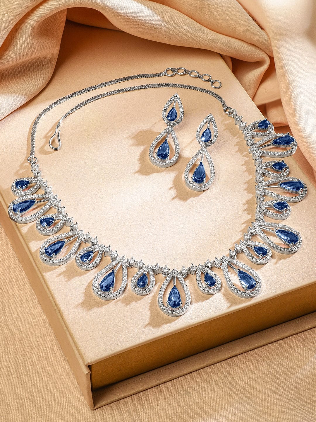 Blue American Diamond Zirconia Drop Necklace Set