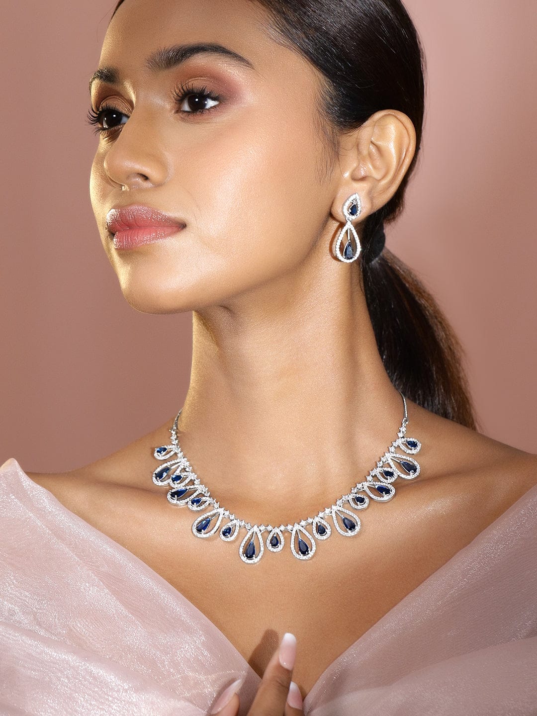 Blue American Diamond Zirconia Drop Necklace Set