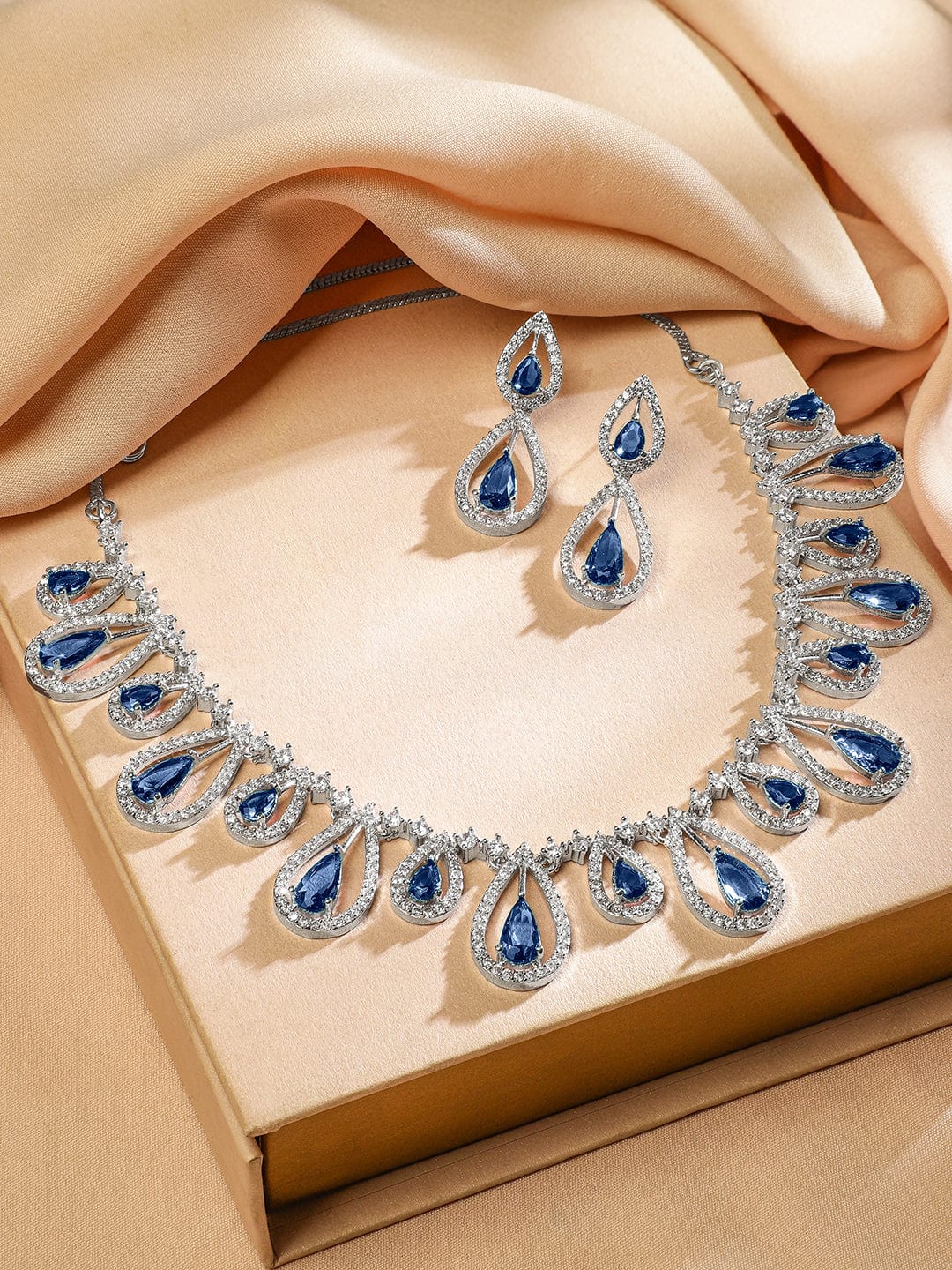 Blue American Diamond Zirconia Drop Necklace Set