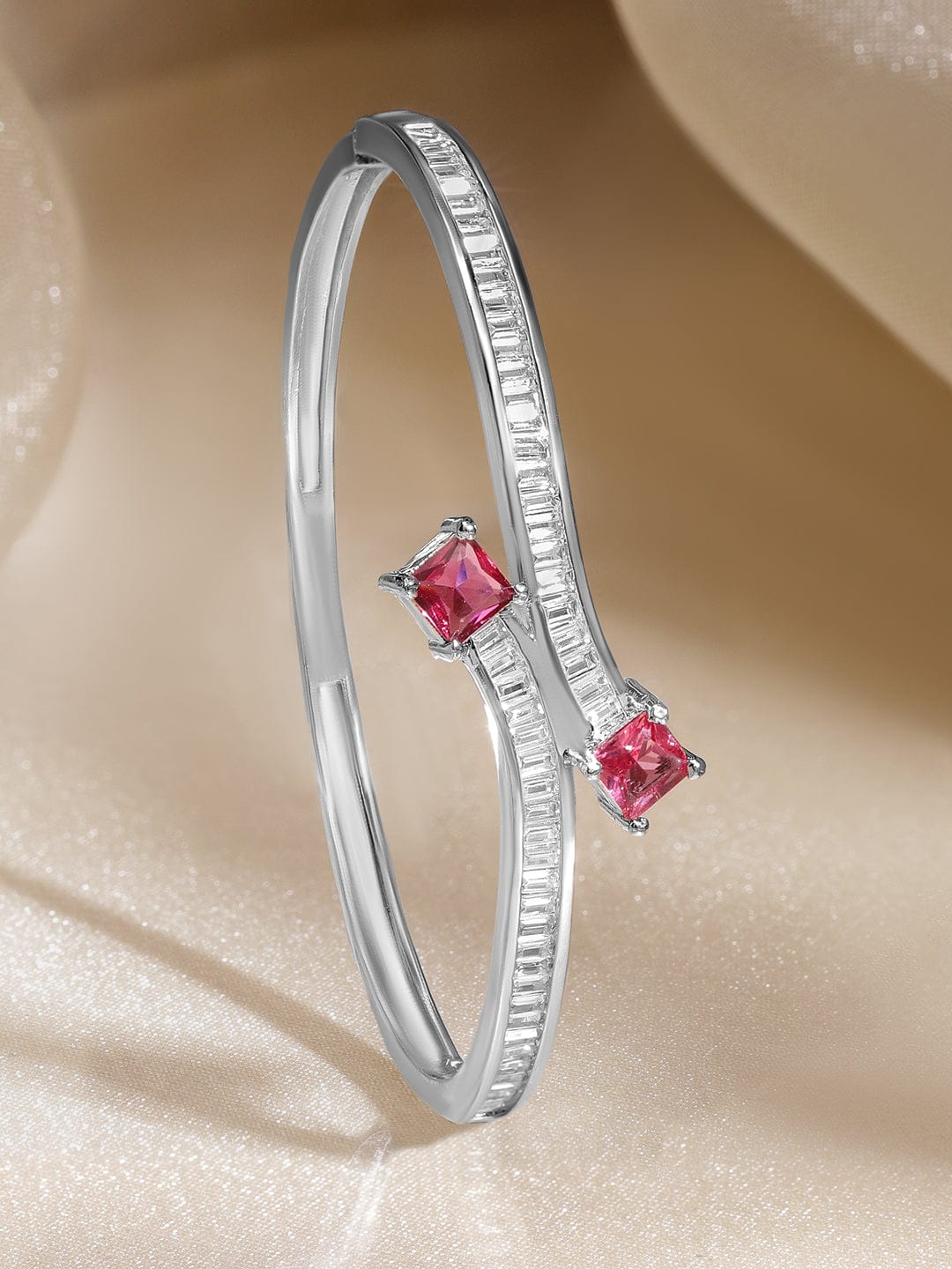 Wentra Rhodium-Plated Brass Classic Minimal Ruby Red & Cubic Zirconia Statement Bracelet