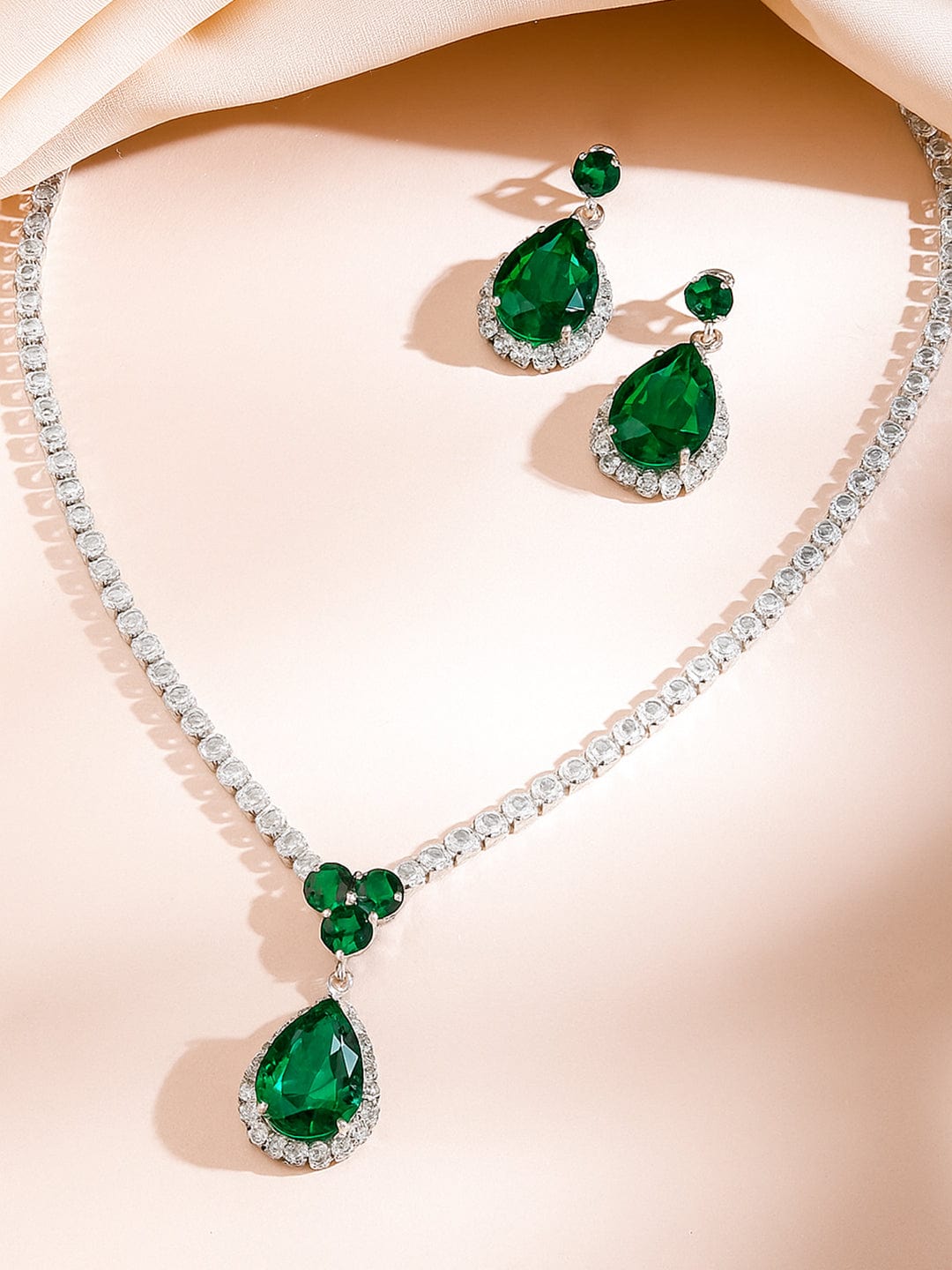 Emerald American Diamond Zirconia Teardrop Necklace Set