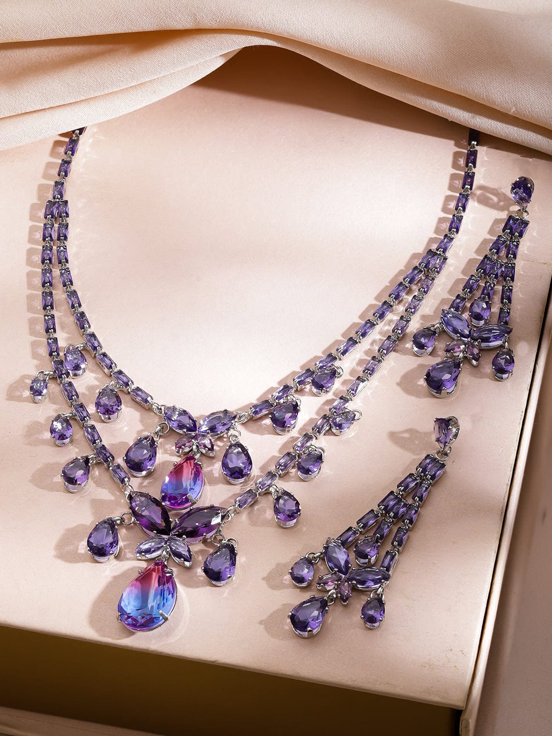 Double Layer Purple Crystal Teardrop Necklace Set
