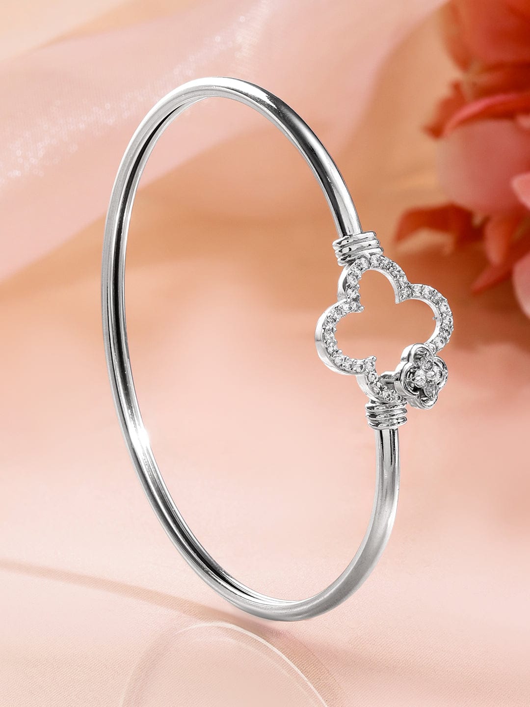 Wentra Rhodium-Plated Crystal Zirconia Studded Clover Motif Sleek Bracelet