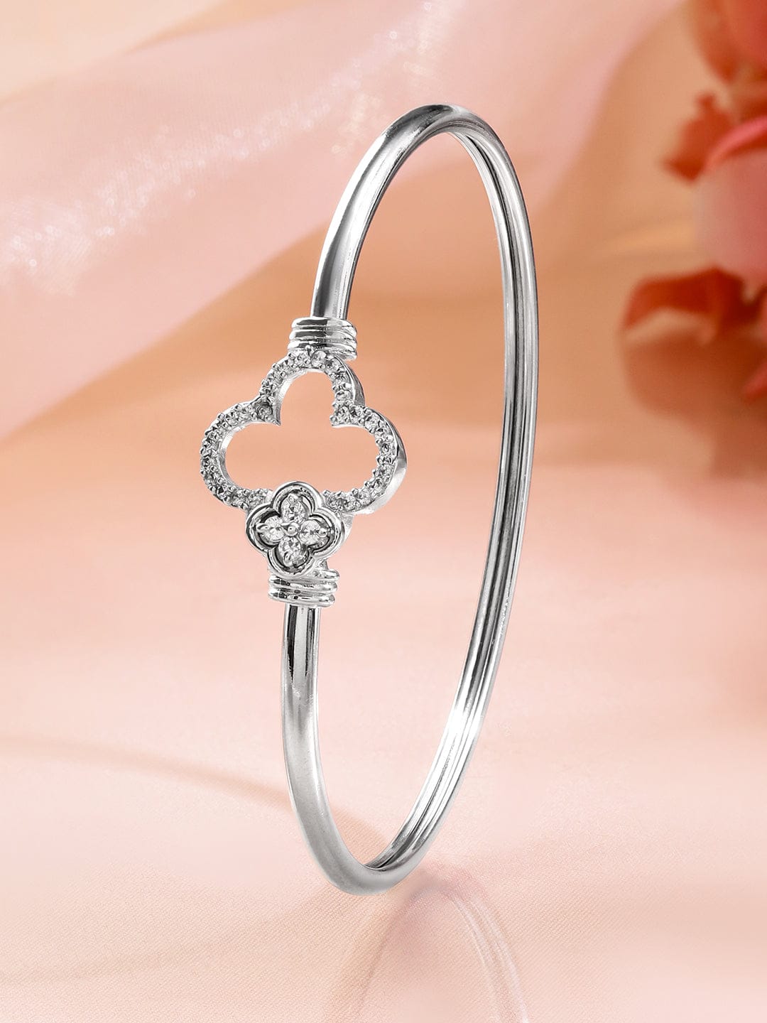 Wentra Rhodium-Plated Crystal Zirconia Studded Clover Motif Sleek Bracelet