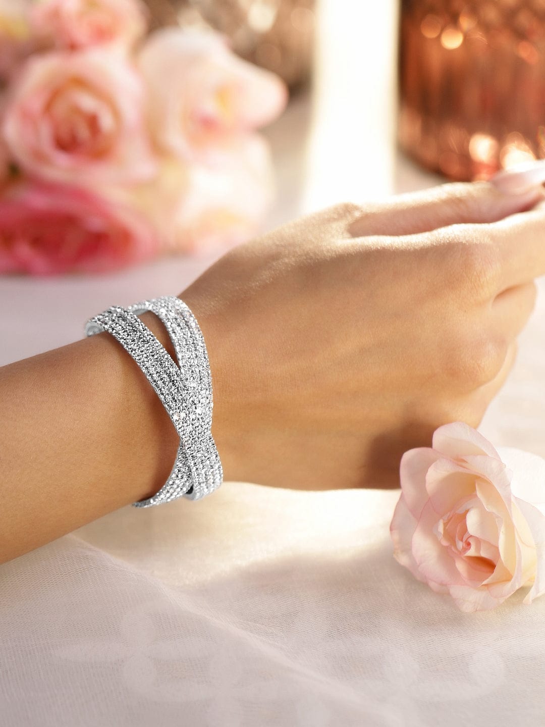 Wentra Rhodium-Plated Crystals Stone Studded Cuff Bracelet