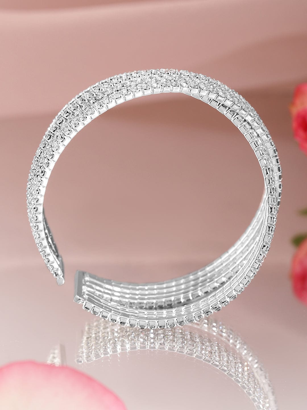 Wentra Rhodium-Plated Crystals Stone Studded Cuff Bracelet