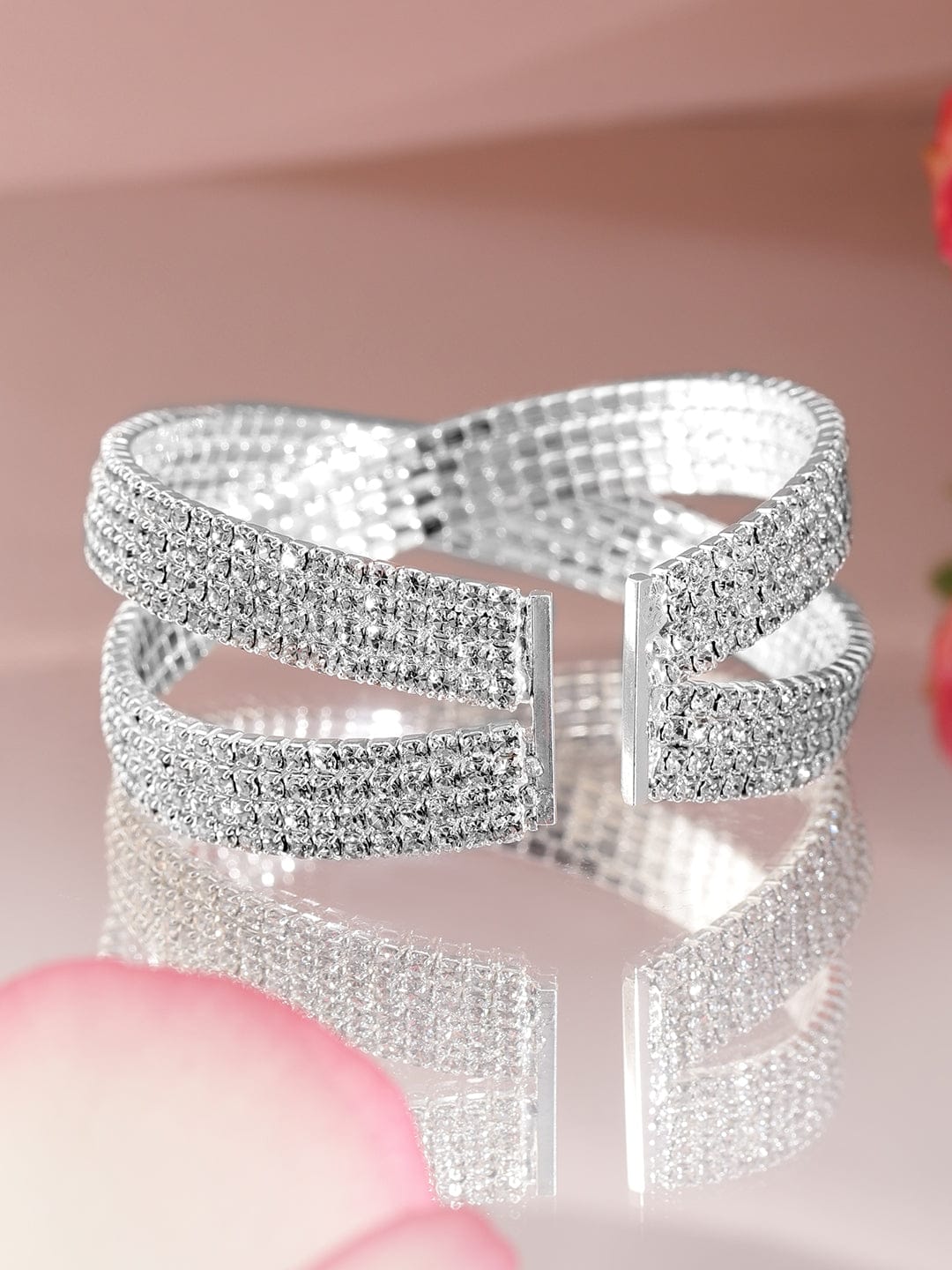 Wentra Rhodium-Plated Crystals Stone Studded Cuff Bracelet
