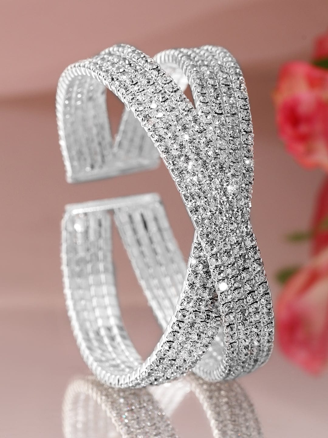 Wentra Rhodium-Plated Crystals Stone Studded Cuff Bracelet