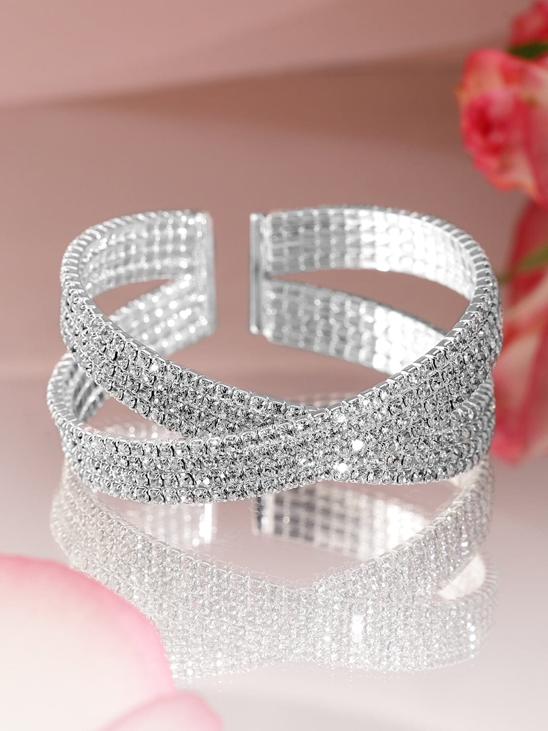 Wentra Rhodium-Plated Crystals Stone Studded Cuff Bracelet