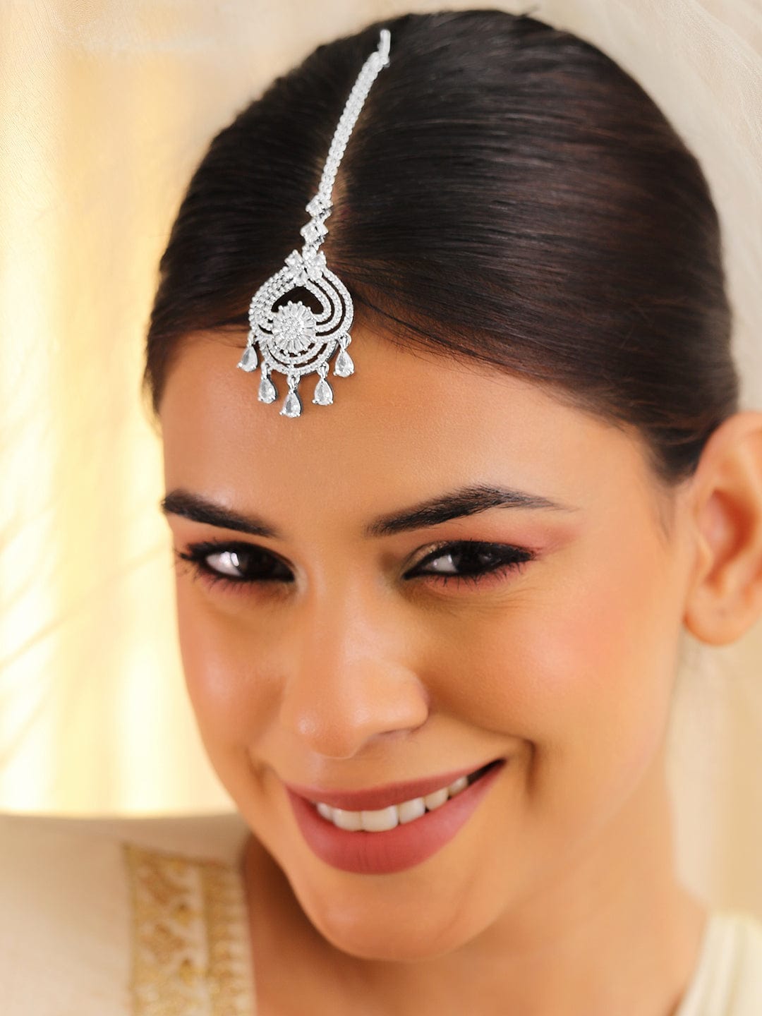 Wentra Rhodium Plated Cubic Zirconia Maang Tikka