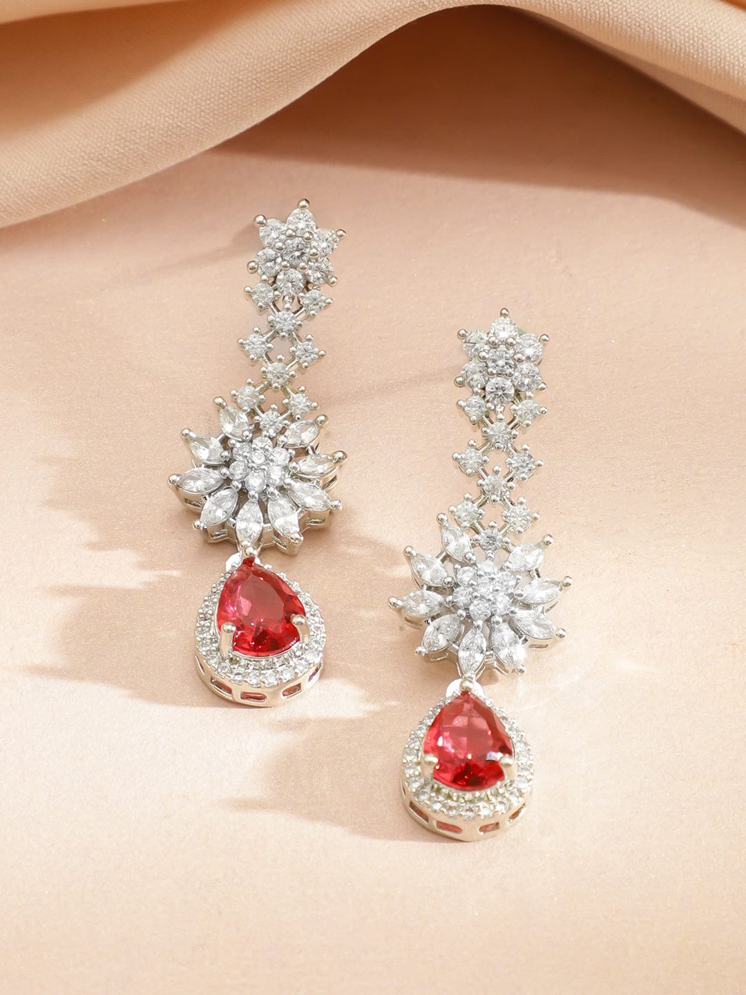 Red Teardrop American Diamond Zirconia Necklace Set