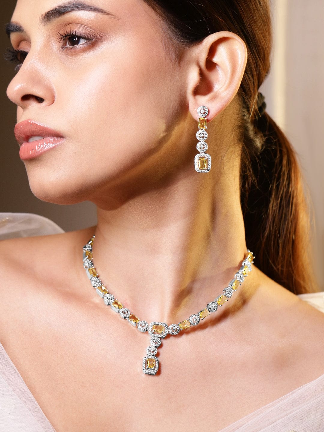 Citrine Studded American Diamond Zirconia Necklace Set