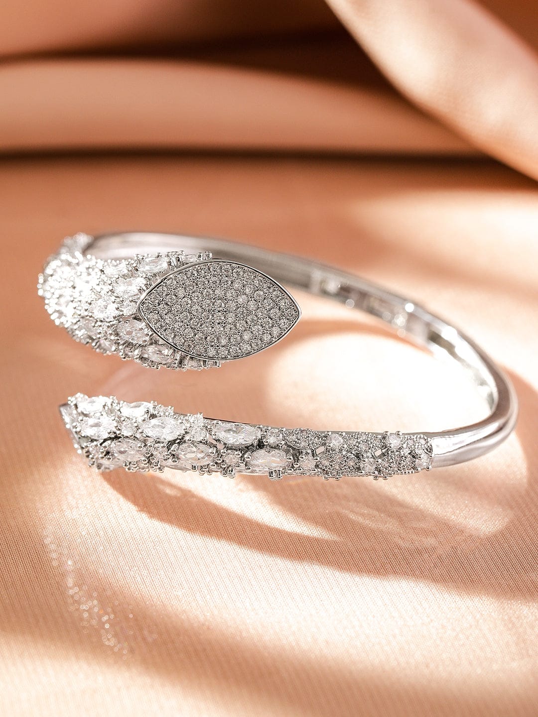 Wentra Rhodium-Plated Cubic Zirconia Studded Adjustable Demi-Fine Openable Bracelet