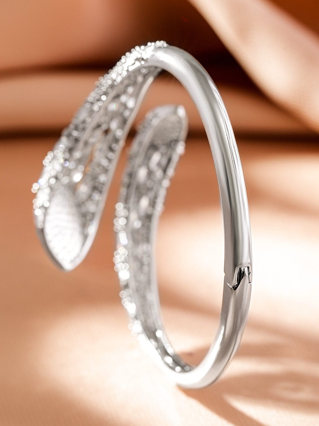 Wentra Rhodium-Plated Cubic Zirconia Studded Adjustable Demi-Fine Openable Bracelet