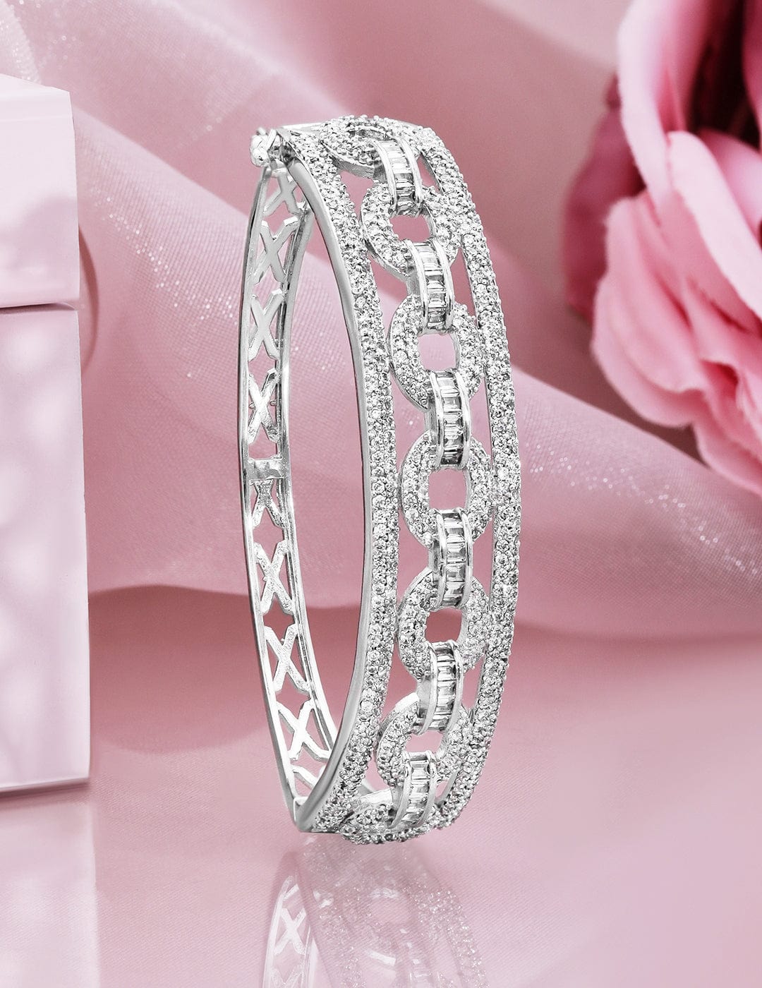 Wentra Rhodium Plated Cubic Zirconia Studded Chain Link Design Premium Openable Bracelet