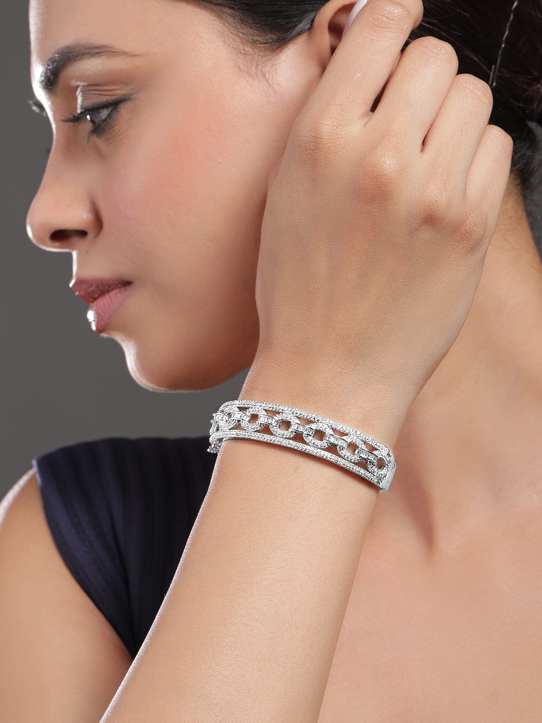 Wentra Rhodium Plated Cubic Zirconia Studded Chain Link Design Premium Openable Bracelet