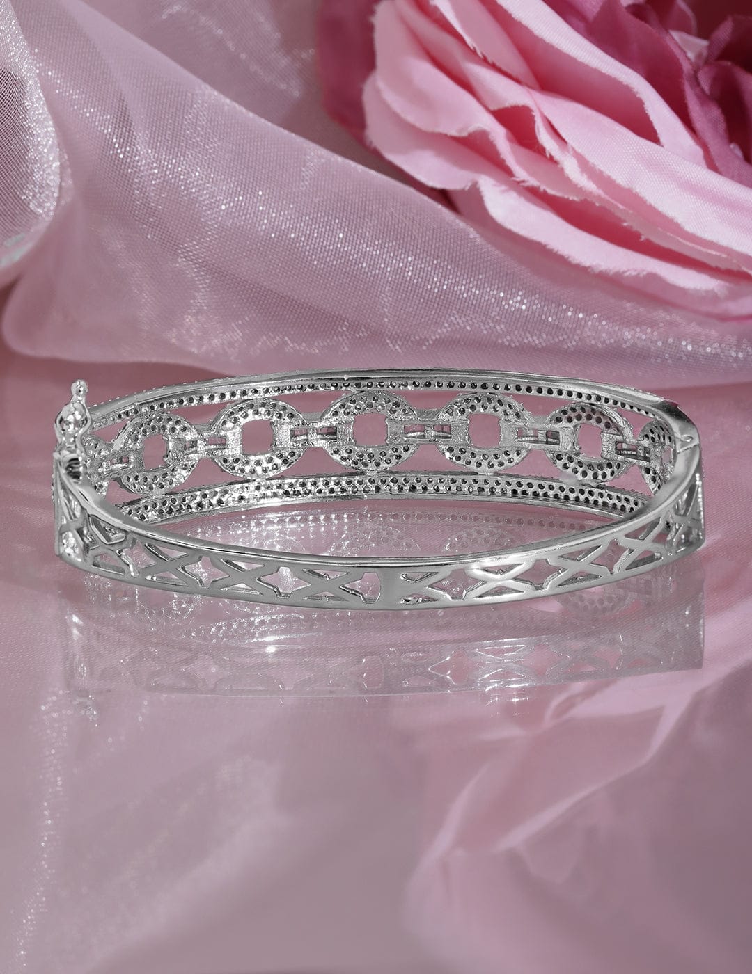 Wentra Rhodium Plated Cubic Zirconia Studded Chain Link Design Premium Openable Bracelet