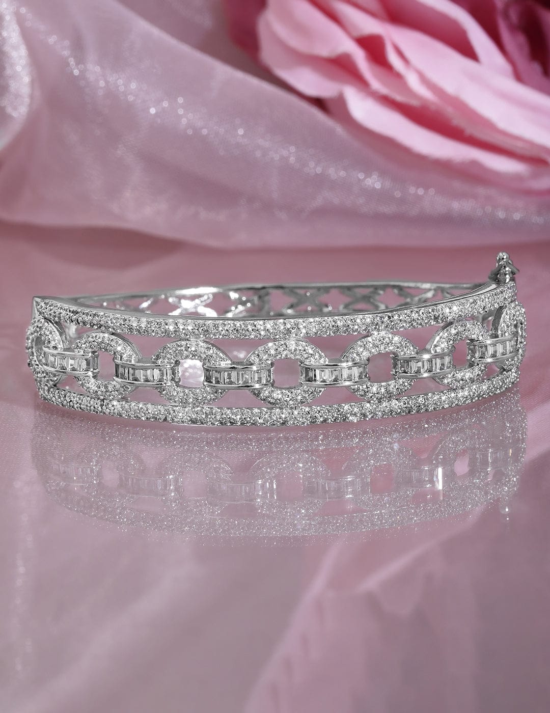 Wentra Rhodium Plated Cubic Zirconia Studded Chain Link Design Premium Openable Bracelet