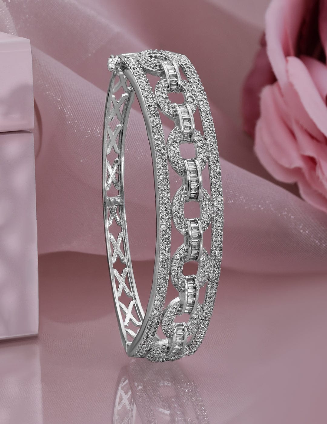 Wentra Rhodium Plated Cubic Zirconia Studded Chain Link Design Premium Openable Bracelet