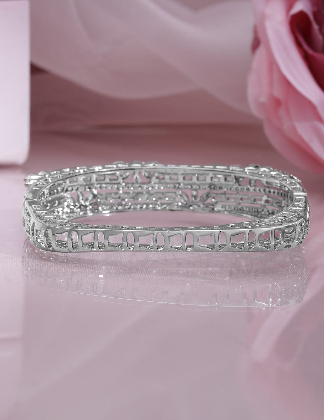 Wentra Rhodium Plated Cubic Zirconia Studded Floral Design Openable Bracelet