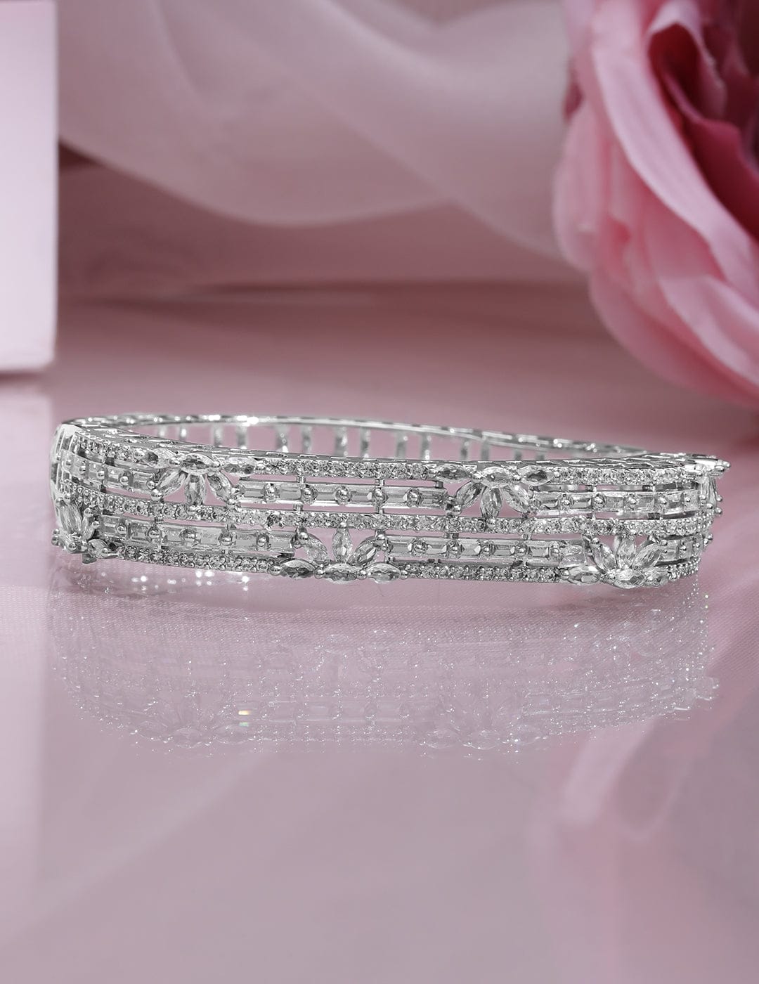 Wentra Rhodium Plated Cubic Zirconia Studded Floral Design Openable Bracelet