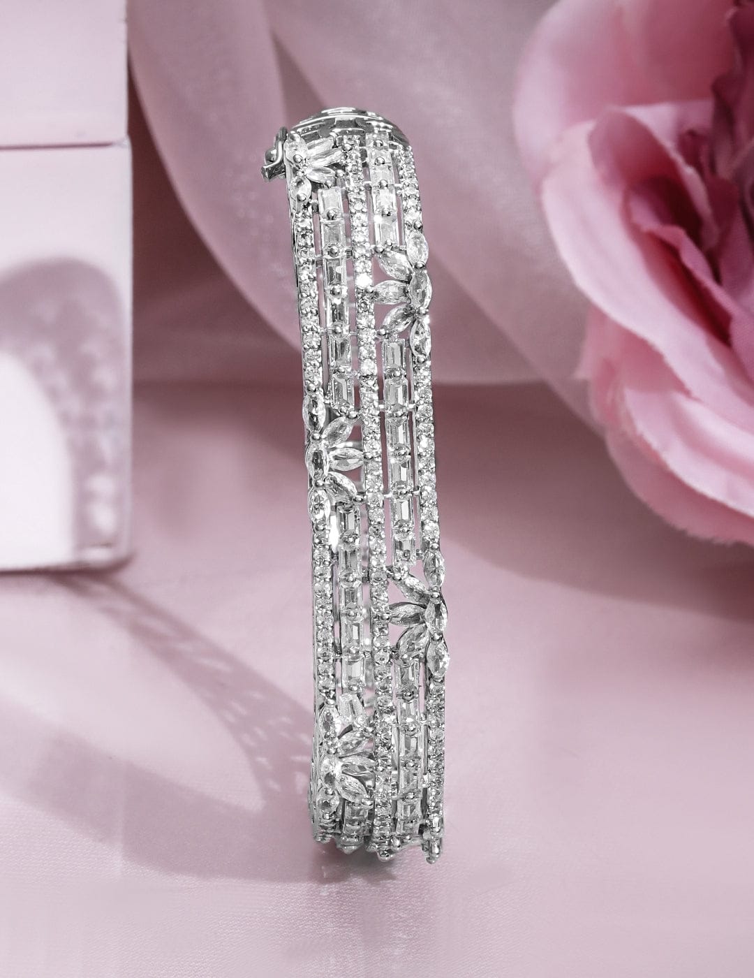Wentra Rhodium Plated Cubic Zirconia Studded Floral Design Openable Bracelet