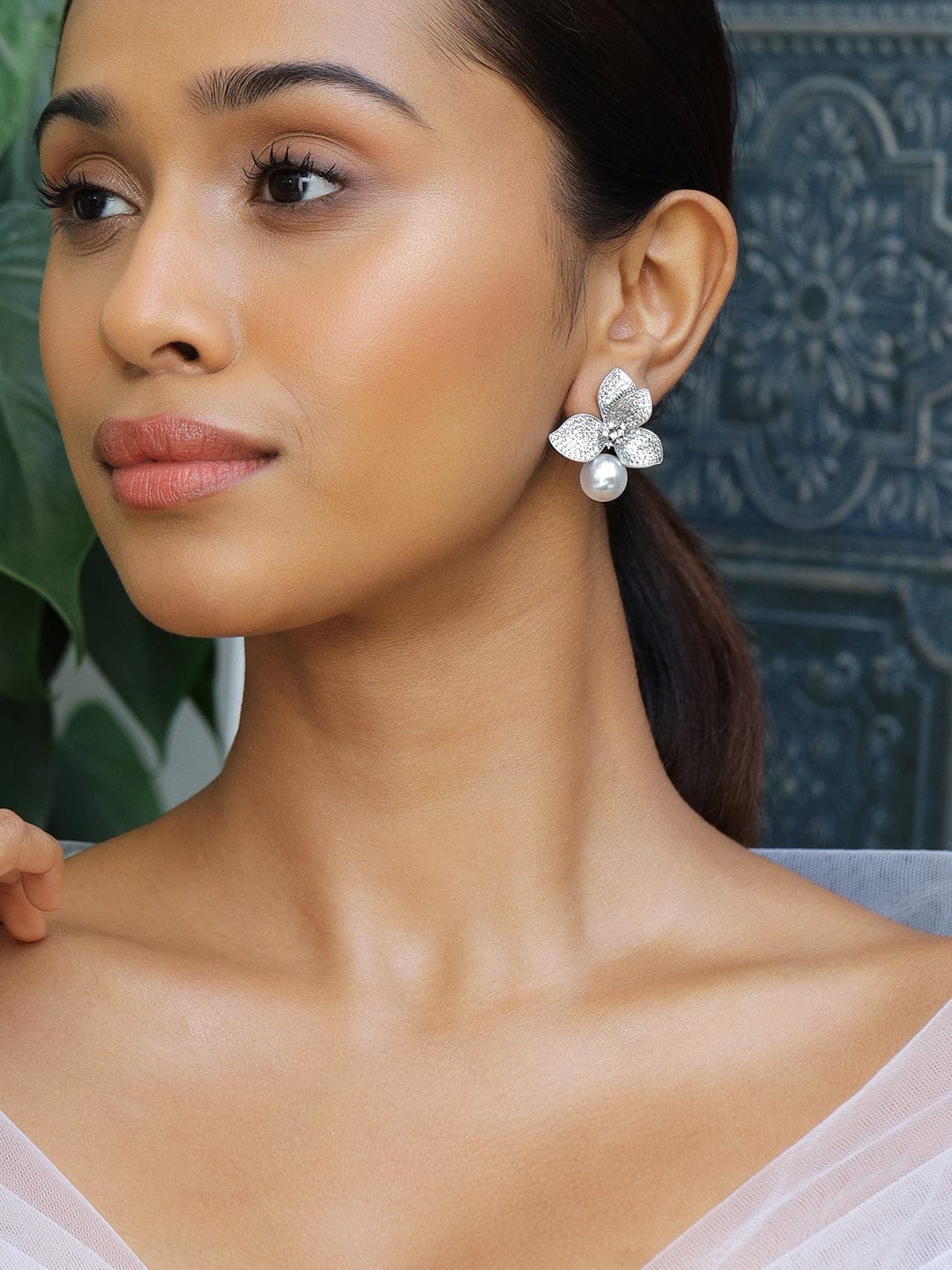 Leaf Motif Peal Drop Silver Stud Earrings