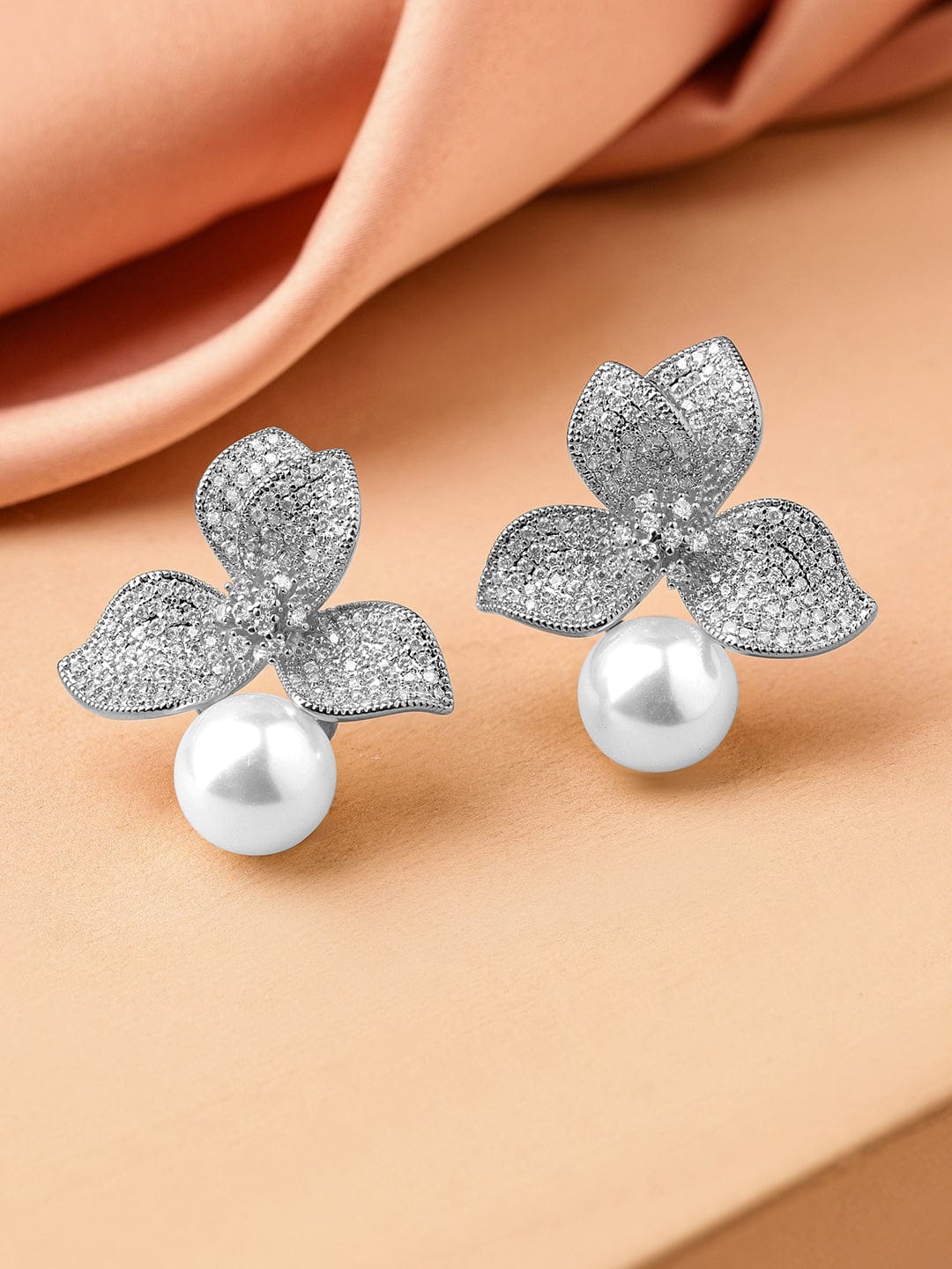 Leaf Motif Peal Drop Silver Stud Earrings