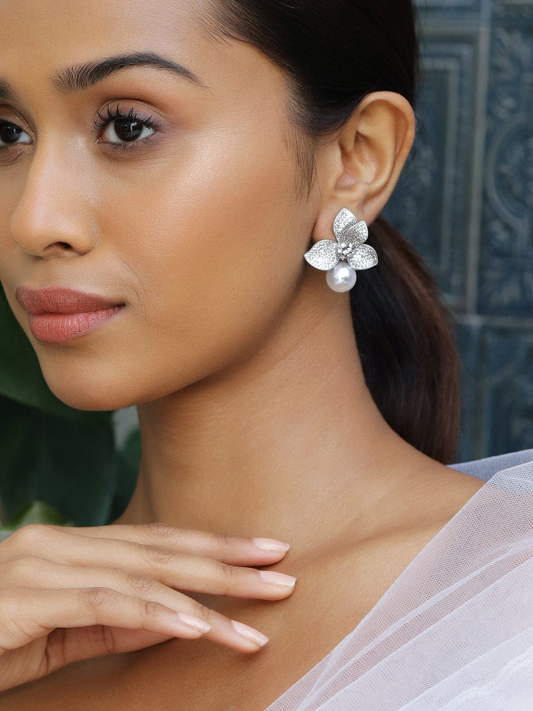 Leaf Motif Peal Drop Silver Stud Earrings