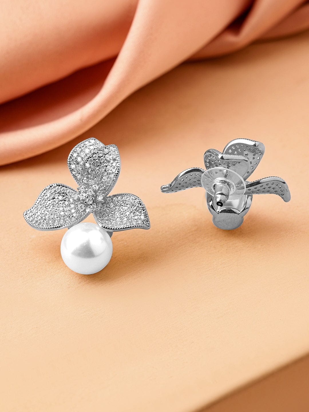 Leaf Motif Peal Drop Silver Stud Earrings