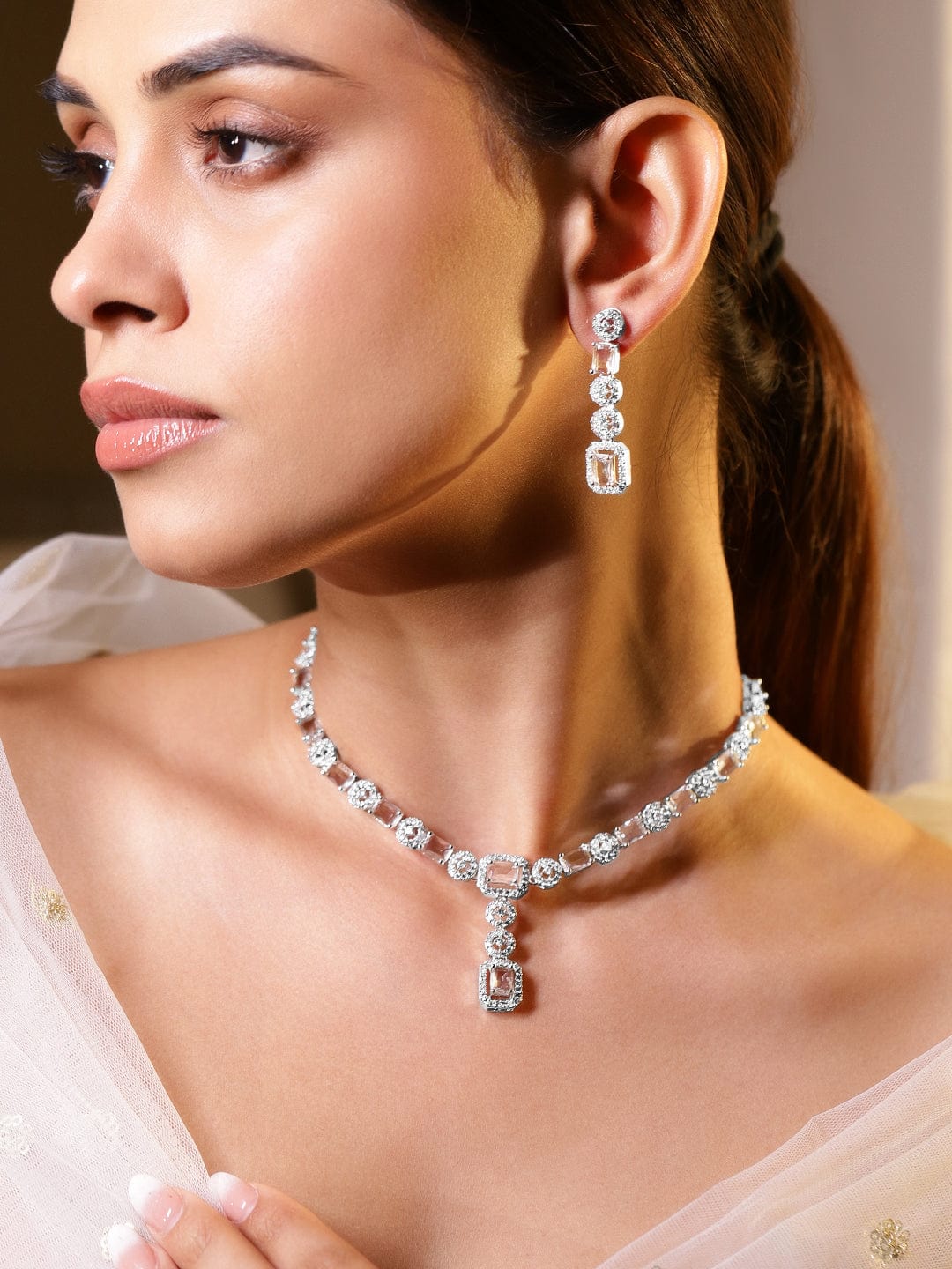 White Cubic American Diamond Zirconia Necklace Set