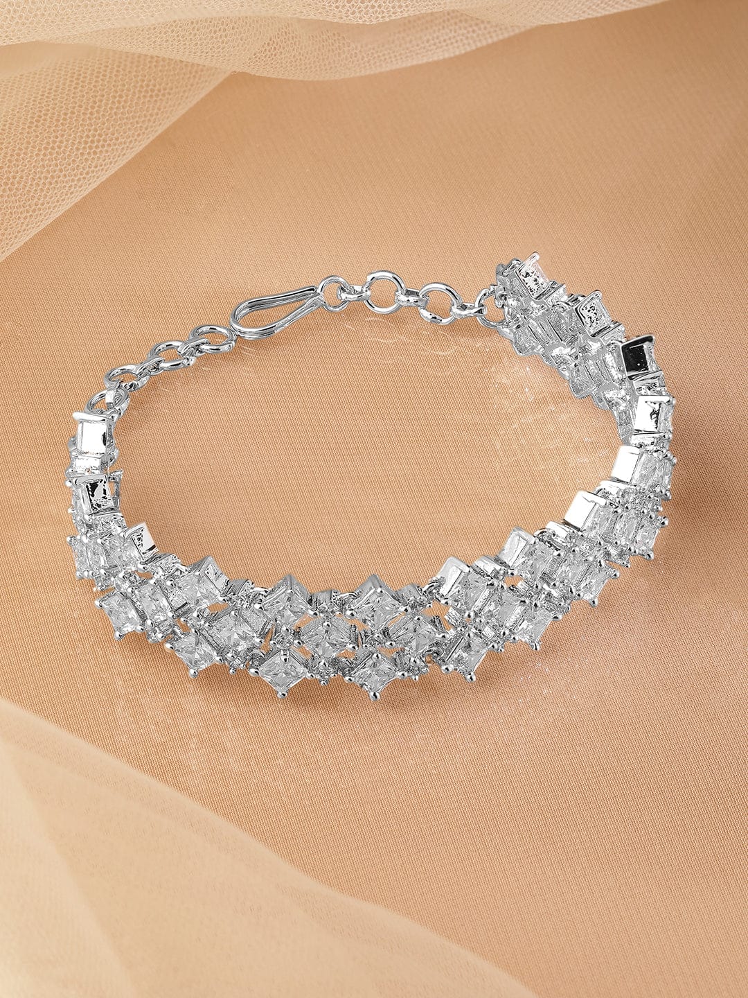 Wentra Rhodium-Plated Cubic Zirconia Studded Luxurious Bracelet
