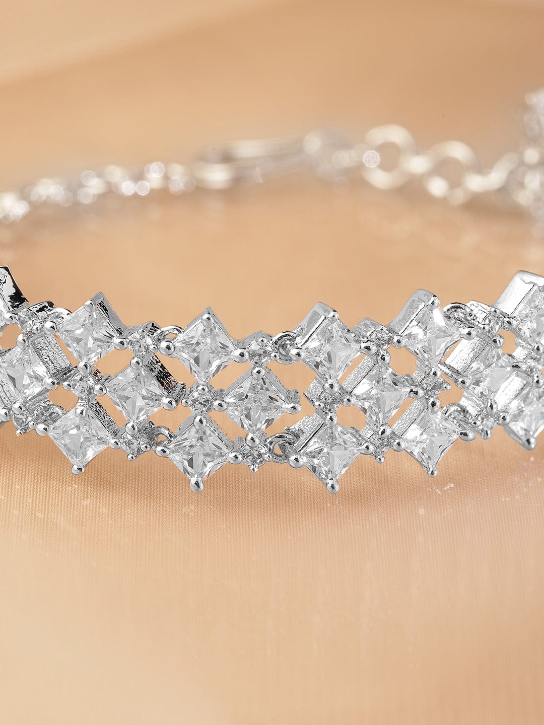 Wentra Rhodium-Plated Cubic Zirconia Studded Luxurious Bracelet