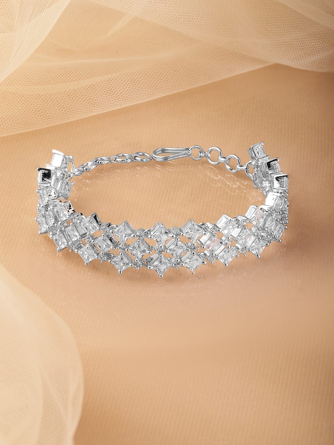 Wentra Rhodium-Plated Cubic Zirconia Studded Luxurious Bracelet