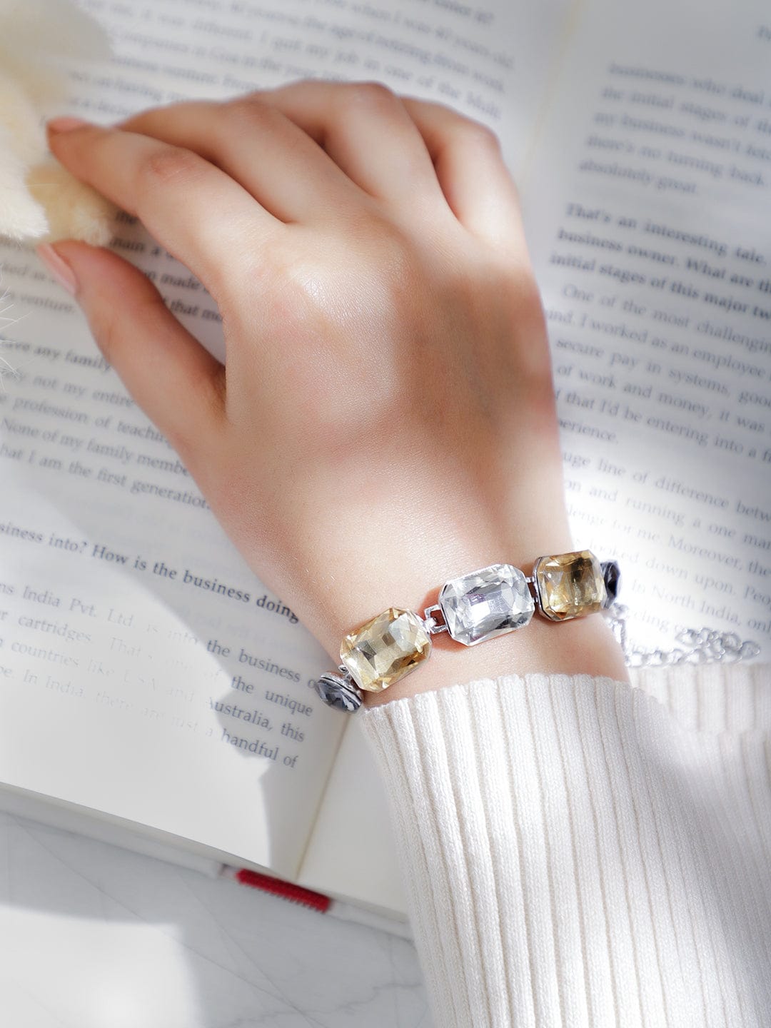 Silver Toned Bracelet With Black & Champagne Crystals