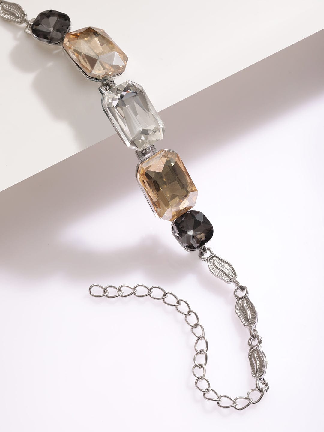 Silver Toned Bracelet With Black & Champagne Crystals
