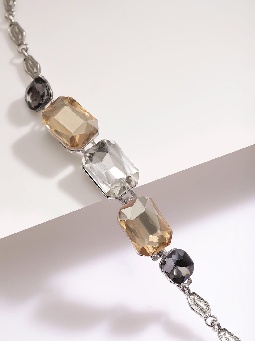 Silver Toned Bracelet With Black & Champagne Crystals