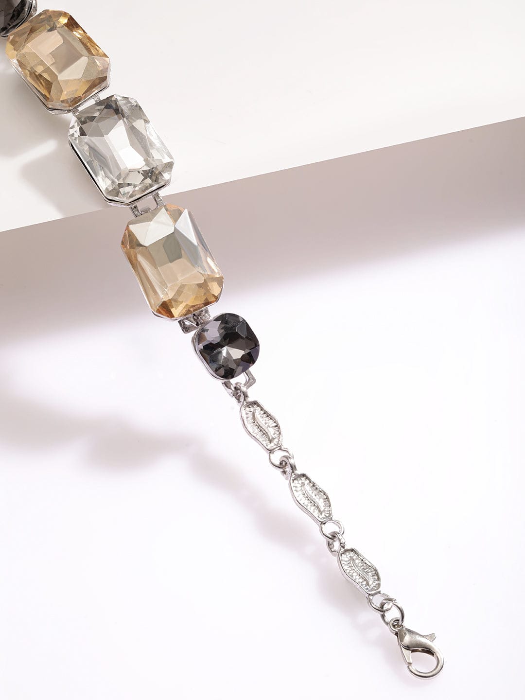 Silver Toned Bracelet With Black & Champagne Crystals