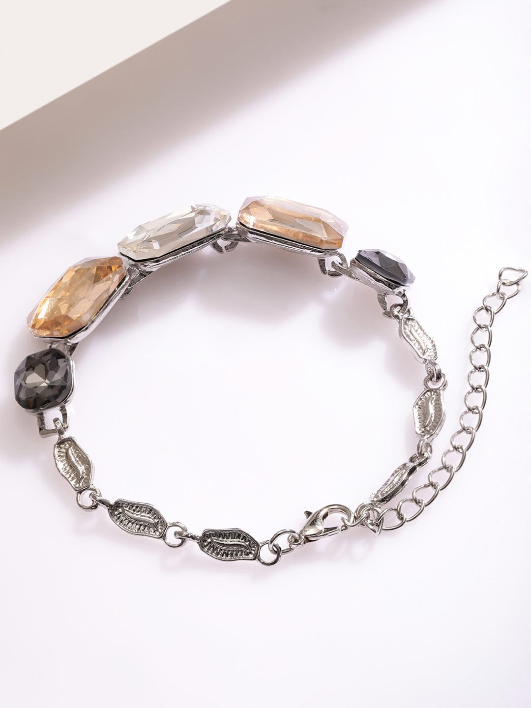 Silver Toned Bracelet With Black & Champagne Crystals