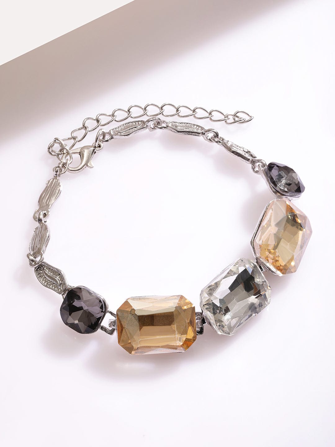 Silver Toned Bracelet With Black & Champagne Crystals