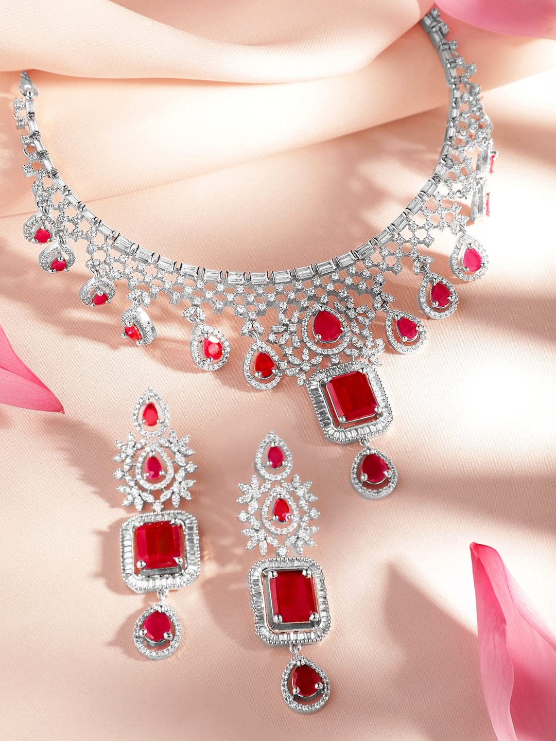 Ruby studded American Diamond Zirconia Necklace Set