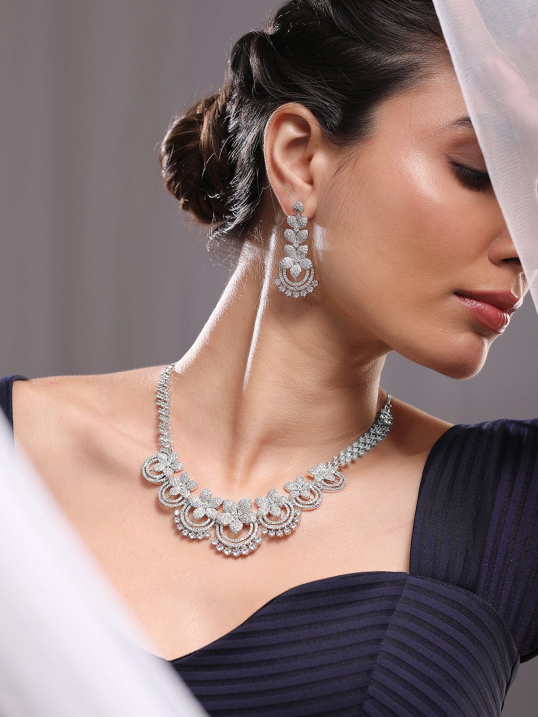 Floral Motif American Diamond Zirconia Necklace Set
