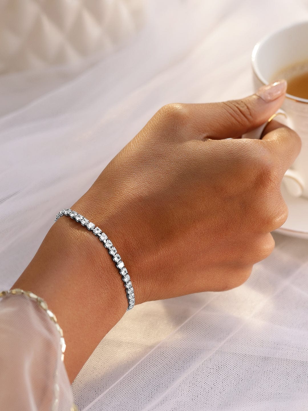 Wentra Rhodium-Plated Cubic Zirconia Studded Premium Tennis Bracelet