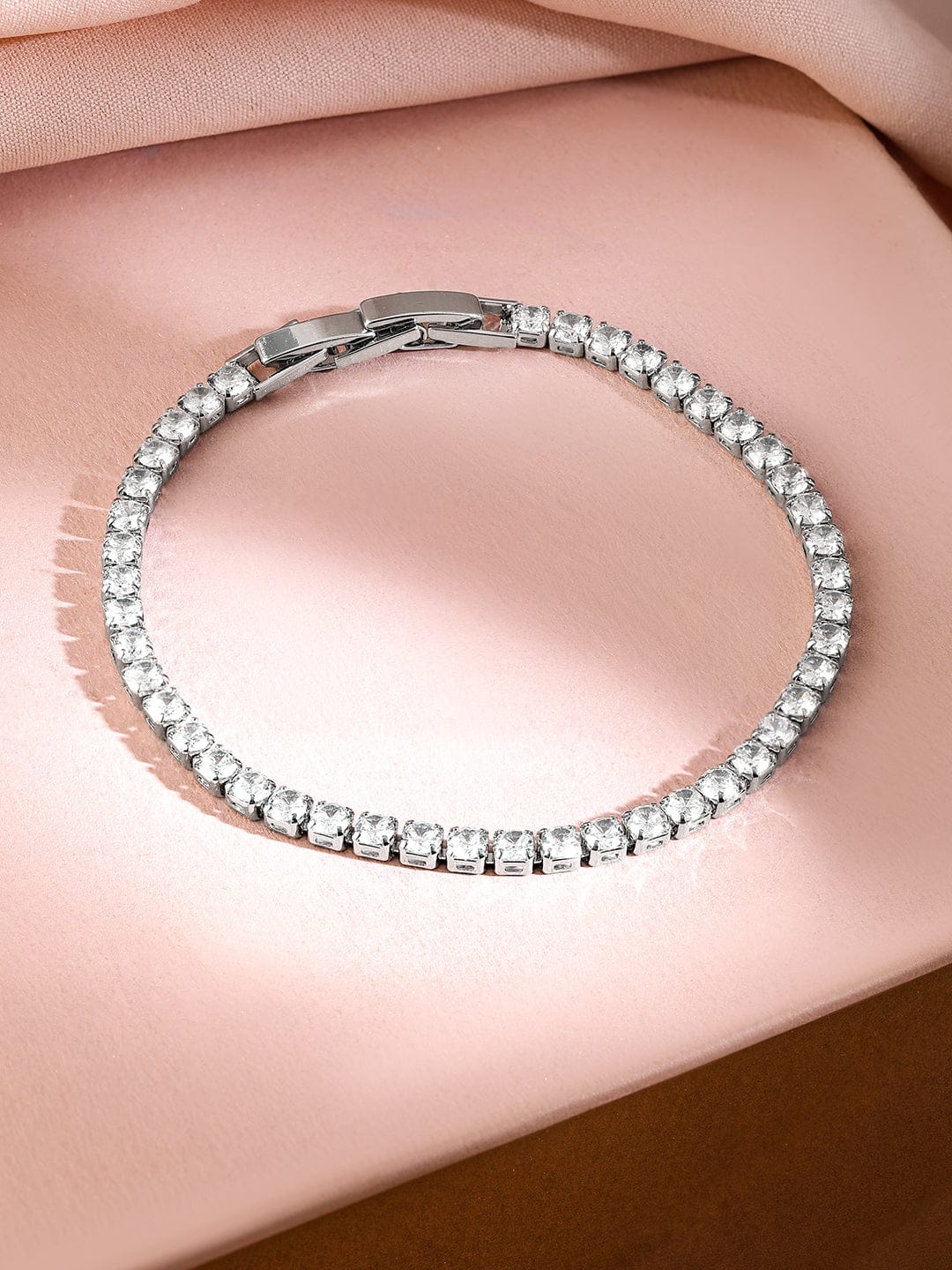 Wentra Rhodium-Plated Cubic Zirconia Studded Premium Tennis Bracelet