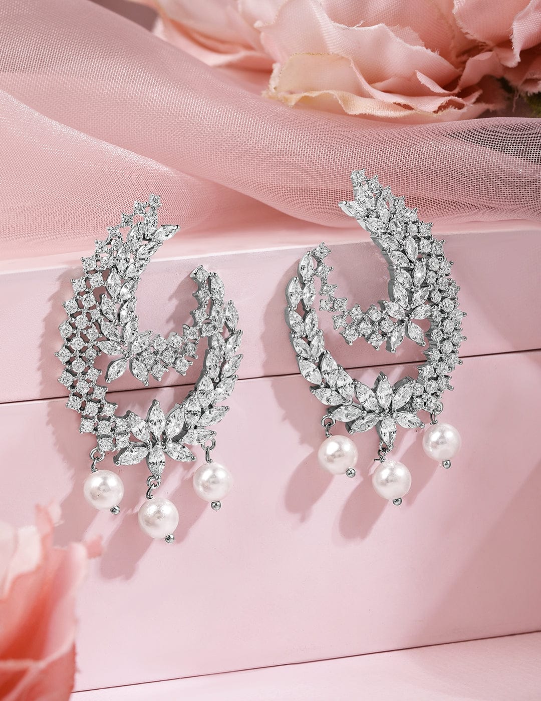 Moonrise CZ Sparkle Pearl Crescent Drops