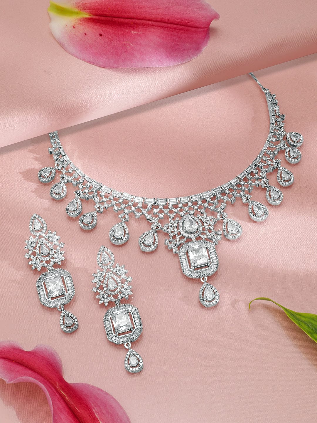 American Diamond Zirconia Geometric Teardrop Necklace Set