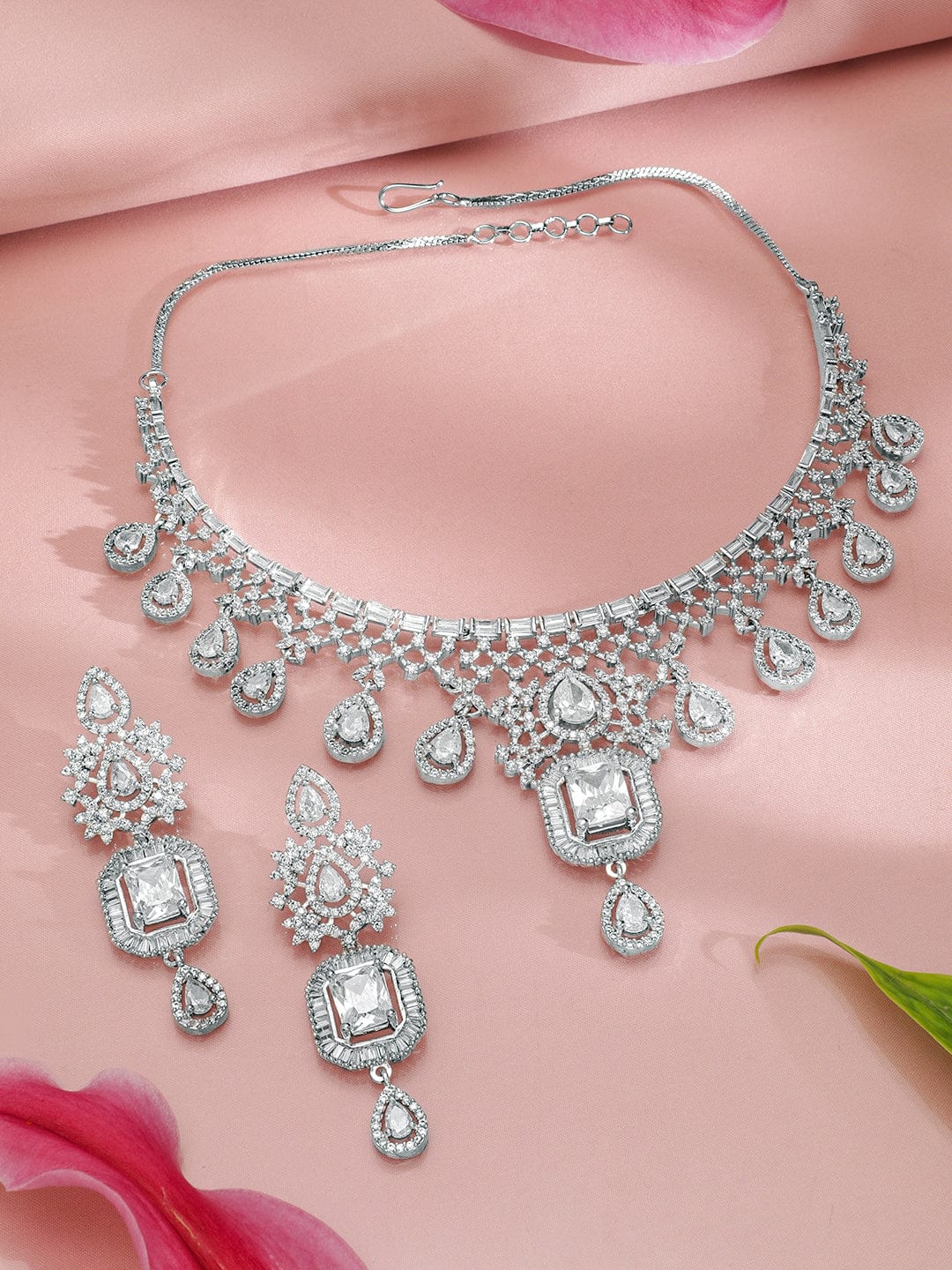 American Diamond Zirconia Geometric Teardrop Necklace Set