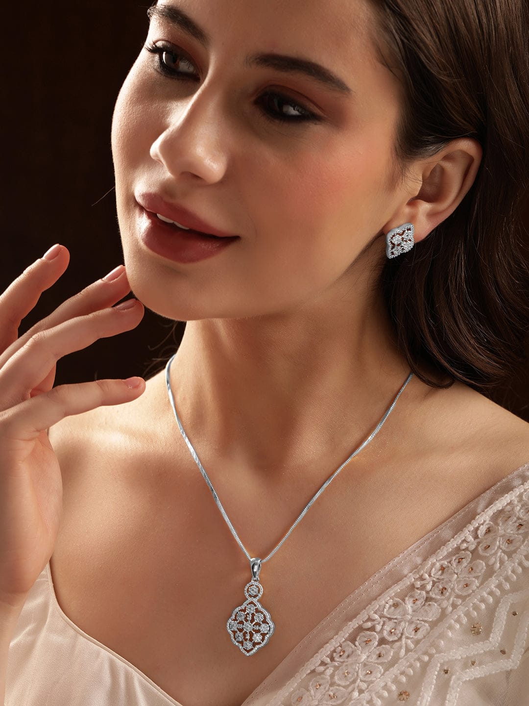 Floral American Diamond Zirconia Pendant Necklace Set