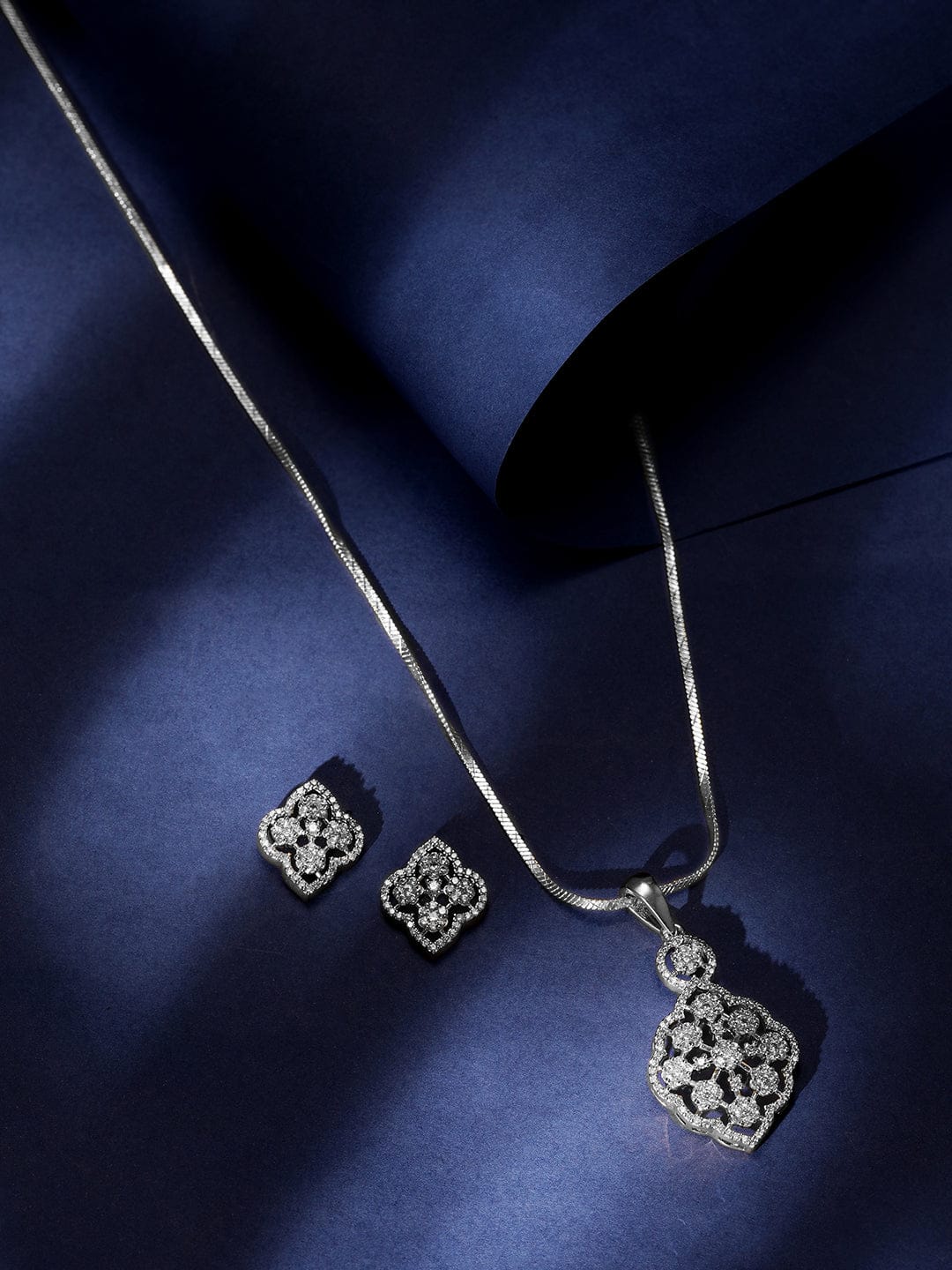 Floral American Diamond Zirconia Pendant Necklace Set